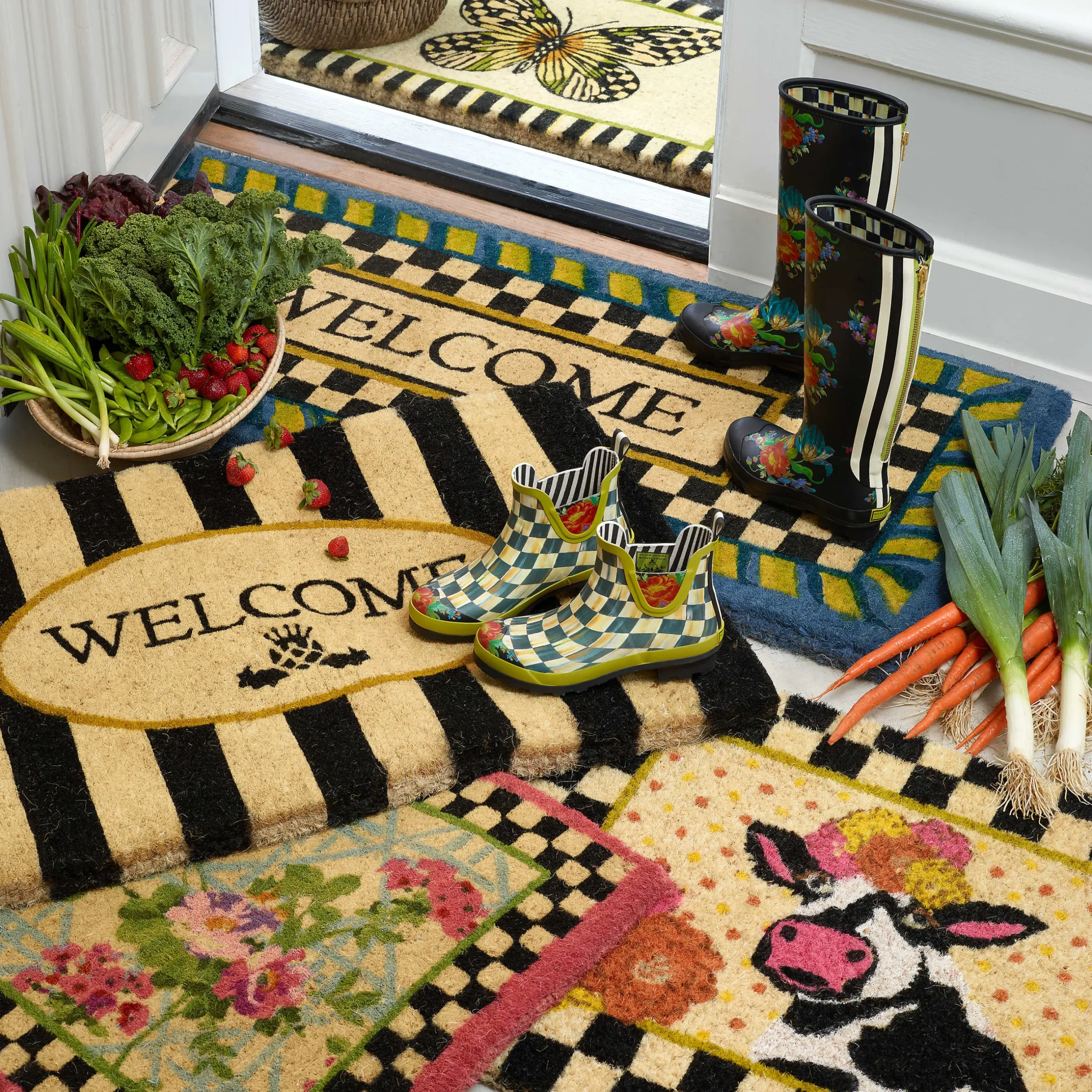 Rugs|MacKenzie-Childs Welcome Periwinkle Double Door Entrance Mat