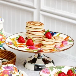 Serveware|MacKenzie-Childs White Flower Market Small Pedestal Platter