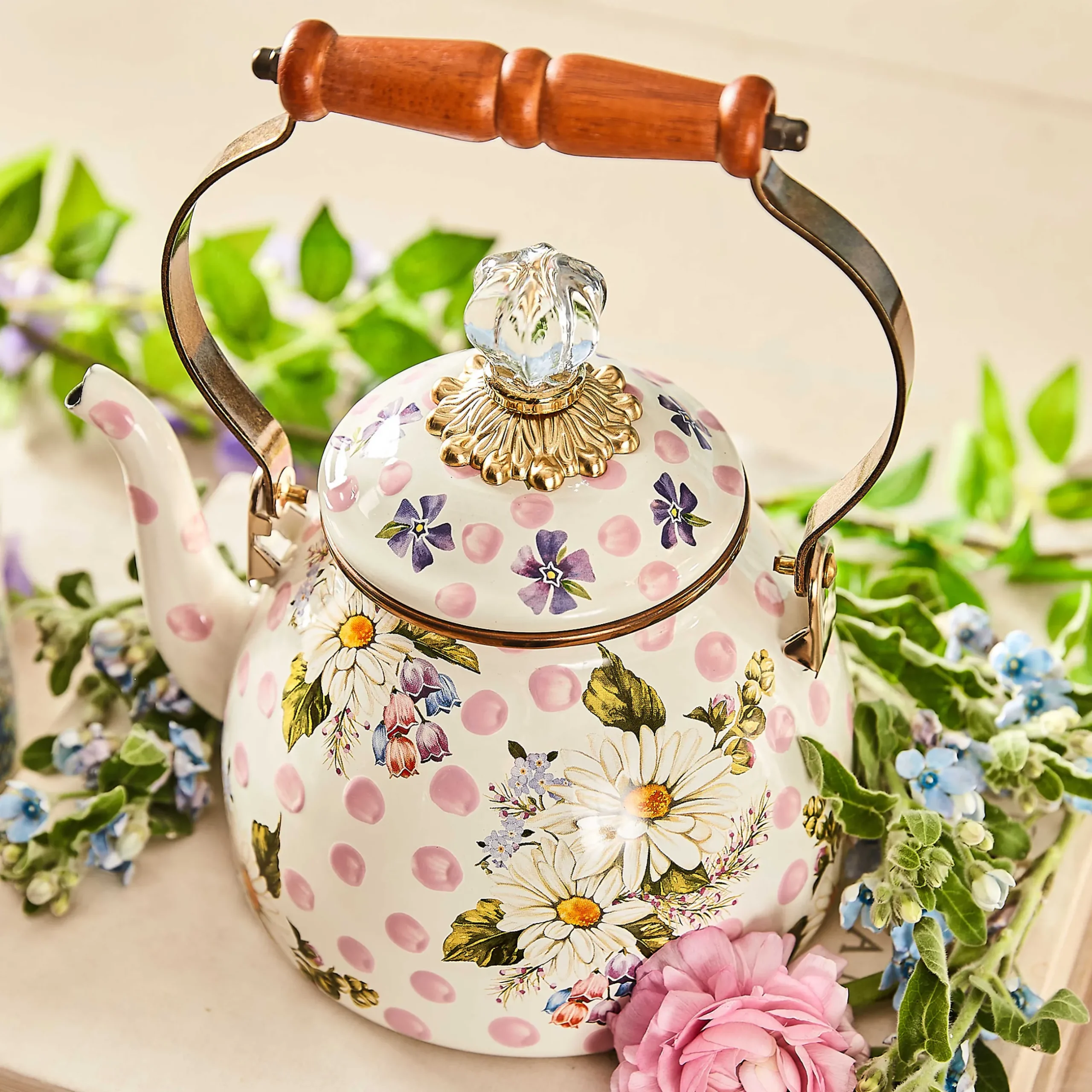 The Coffee Shop|Serveware|MacKenzie-Childs Wildflowers Pink 2 Quart Tea Kettle