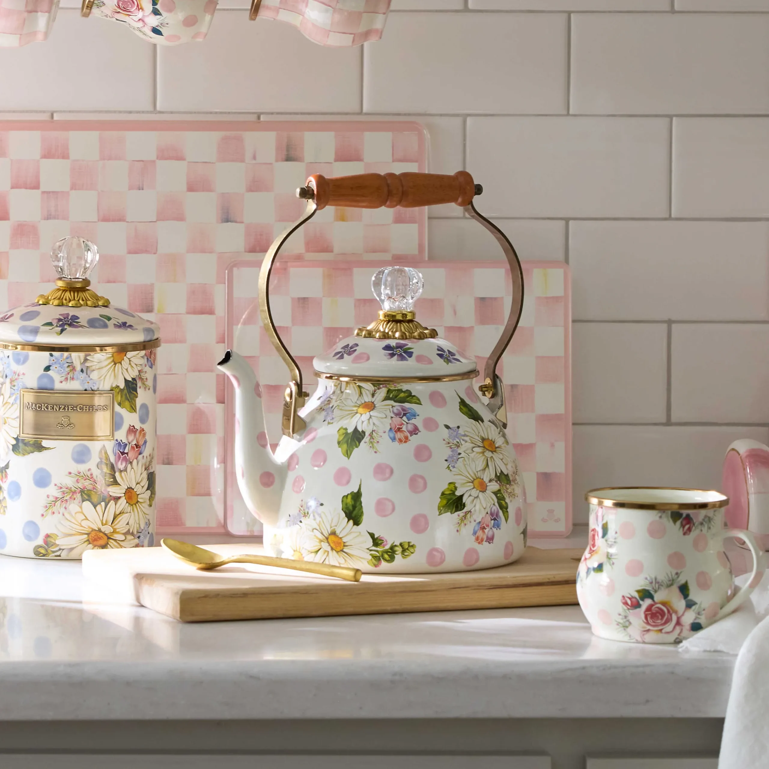 The Coffee Shop|Serveware|MacKenzie-Childs Wildflowers Pink 2 Quart Tea Kettle